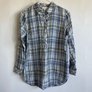 J.Jill Womens XS Petite Love Linen Plaid Button-Down Shirt Top Blue/Green Casual